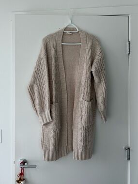 BiBi Neutral Taupe Open-Front Cable Knit Cardigan